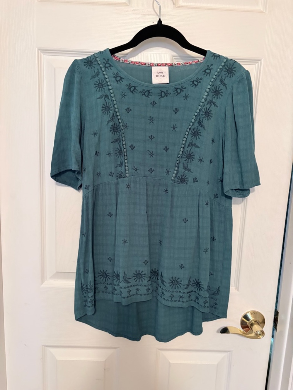 Knox Rose Teal Blue Embroidered Short-Sleeve Tunic